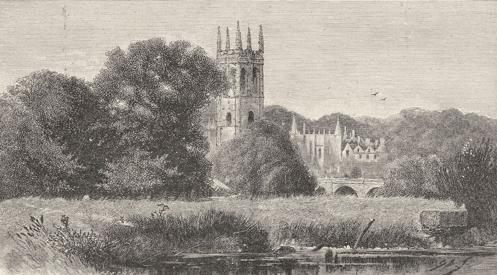 OXFORD. Magdalen Tower, from the cherwell 1901 old antique print picture